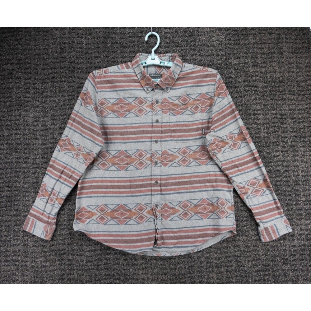 Eddie Bauer Shirt Mens XL Gray Aztec Southwest Striped Print Flannel Long Sleeve